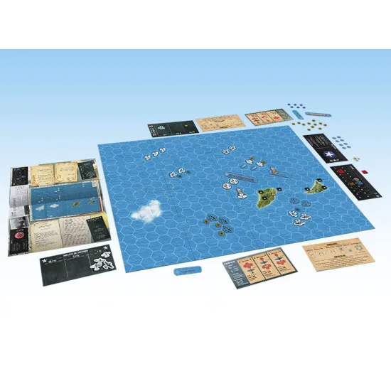 Box art for Fighters of the Pacific board game showing World War II fighter planes in combat over the ocean