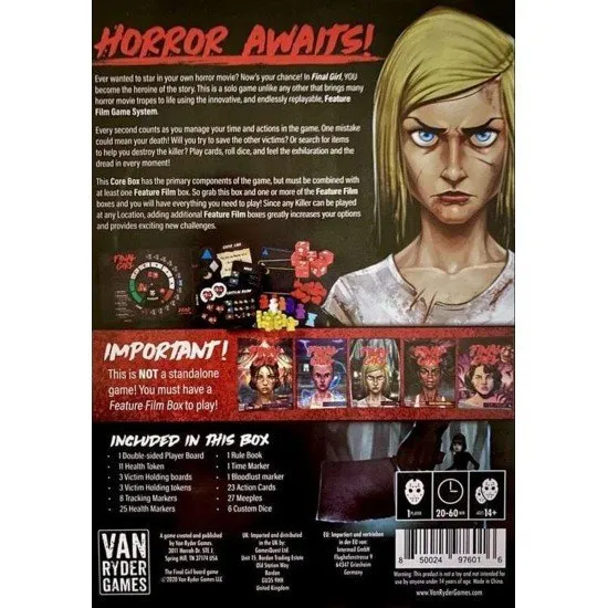 Final Girl Core Box game cover art showing a female protagonist looking determined, set against a dark, horror movie-inspired background