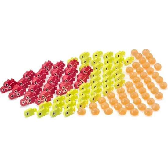 A collection of colourful, tactile 3D tokens representing fish eggs, small fry, and schools of fish