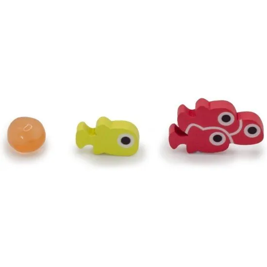 A collection of colourful, tactile 3D tokens representing fish eggs, small fry, and schools of fish
