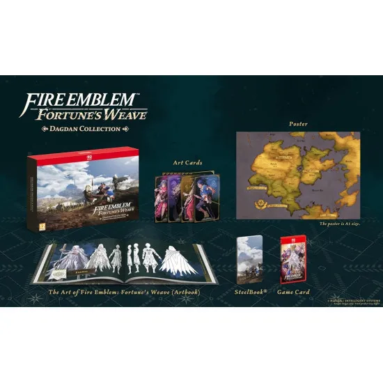 A premium Nintendo Switch 2 special edition box set displaying a metallic Steelbook case, a thick artbook, illustrated character cards, and a cloth map of the Dagdan Empire