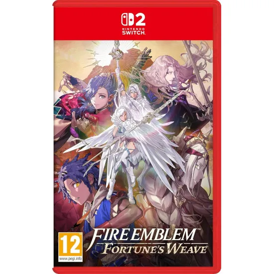 A Nintendo Switch 2 game case featuring four distinct anime warriors holding legendary weapons looking up at a grand mountain fortress beneath a golden sky