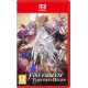 A Nintendo Switch 2 game case featuring four distinct anime warriors holding legendary weapons looking up at a grand mountain fortress beneath a golden sky
