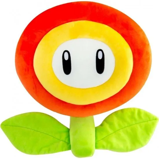 Super Mario Mocchi Mocchi Fire Flower plush toy with vibrant orange and red petals sitting flat