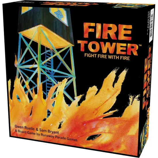 Fire Tower Fight Fire with Fire board game box featuring forest fire lookout tower and fire spread pattern-laying artwork