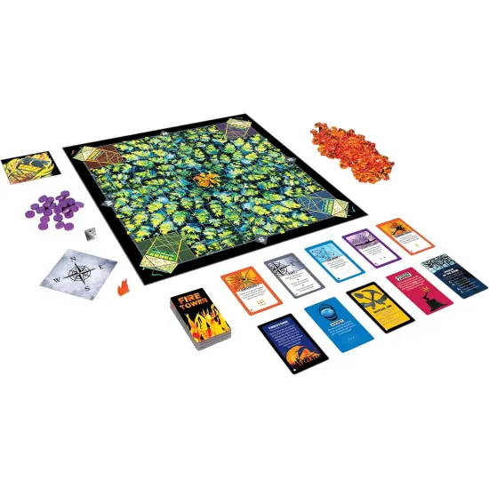 Fire Tower Fight Fire with Fire board game box featuring forest fire lookout tower and fire spread pattern-laying artwork