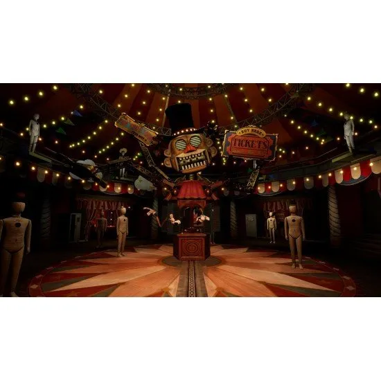 FNAF Secret of the Mimic PS5 The box art for the game Five Nights at Freddy's: Secret of the Mimic on PS5, showing a dark, menacing animatronic with a red glow in a spooky, abandoned workshop.
