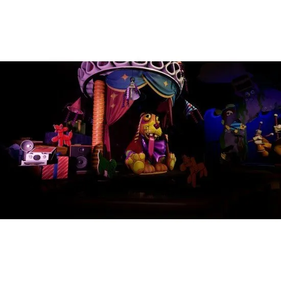 FNAF Secret of the Mimic PS5 The box art for the game Five Nights at Freddy's: Secret of the Mimic on PS5, showing a dark, menacing animatronic with a red glow in a spooky, abandoned workshop.