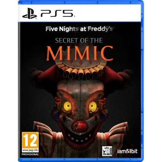FNAF Secret of the Mimic PS5 The box art for the game Five Nights at Freddy's: Secret of the Mimic on PS5, showing a dark, menacing animatronic with a red glow in a spooky, abandoned workshop.