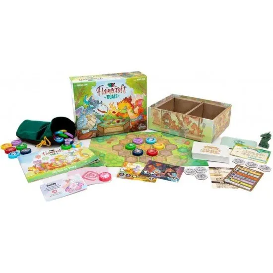 Flamecraft Duals two-player board game box featuring colourful artisan dragon artwork