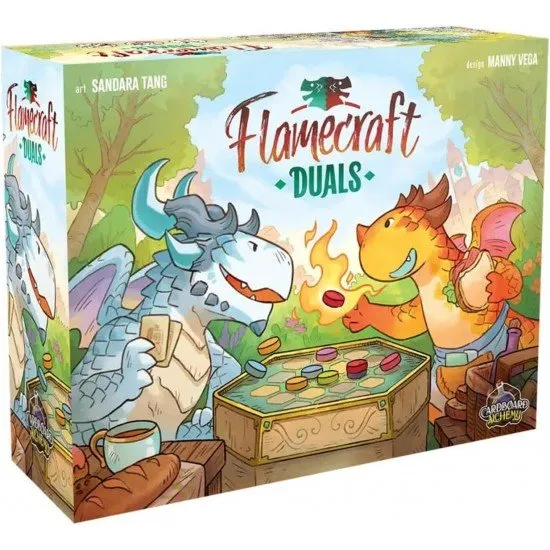 Flamecraft Duals two-player board game box featuring colourful artisan dragon artwork