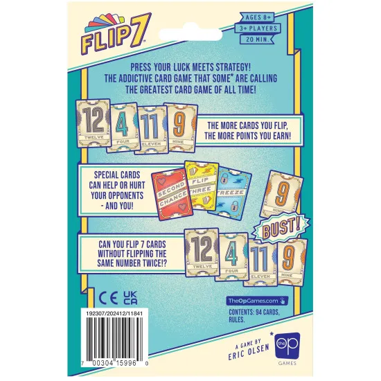 Flip 7 press-your-luck card game in hangtab retail packaging showing card game box front with number flip artwork