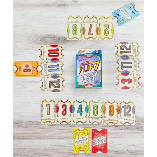 Flip 7 press-your-luck card game in hangtab retail packaging showing card game box front with number flip artwork