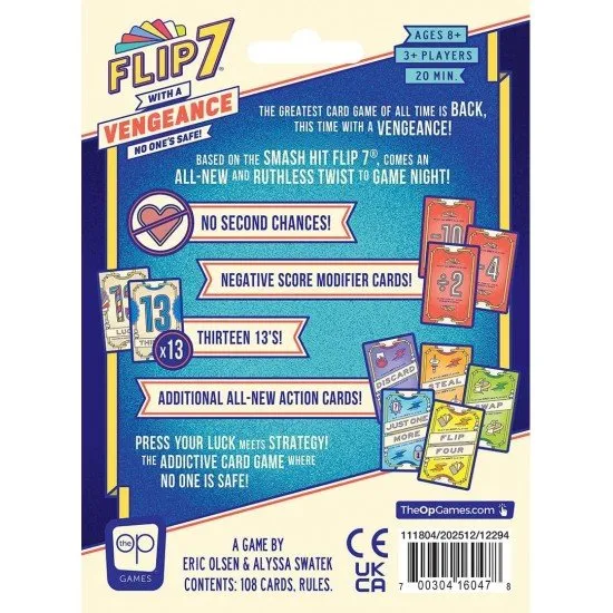 Flip 7 With a Vengeance card game box featuring bold sequel artwork and take-that card game design