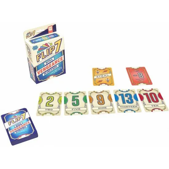 Flip 7 With a Vengeance card game box featuring bold sequel artwork and take-that card game design
