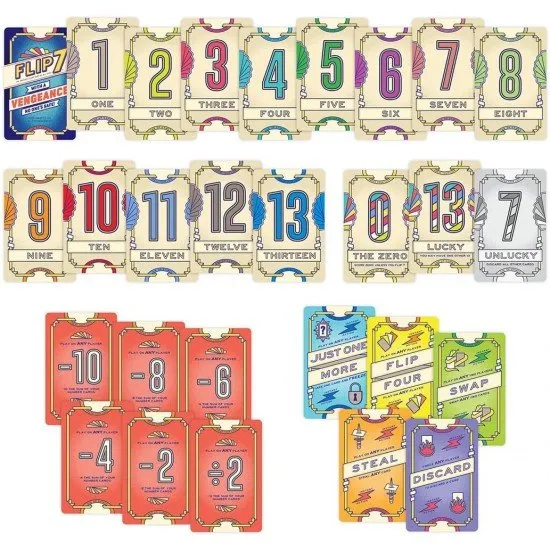 Flip 7 With a Vengeance card game box featuring bold sequel artwork and take-that card game design