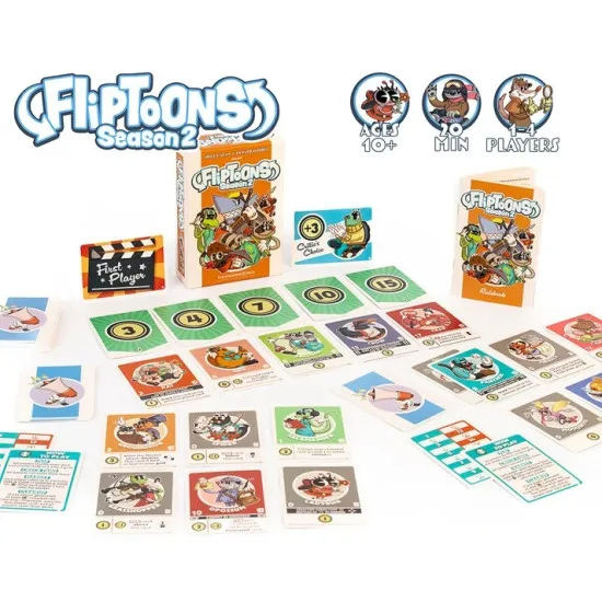 FlipToons Season 2 standalone deck-building card game box featuring whimsical cartoon character talent agency artwork