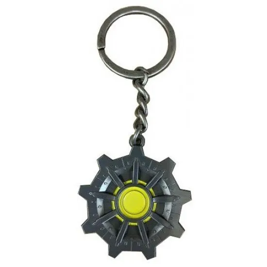 Circular metal keyring featuring the embossed cog-shaped Vault-Tec door design
