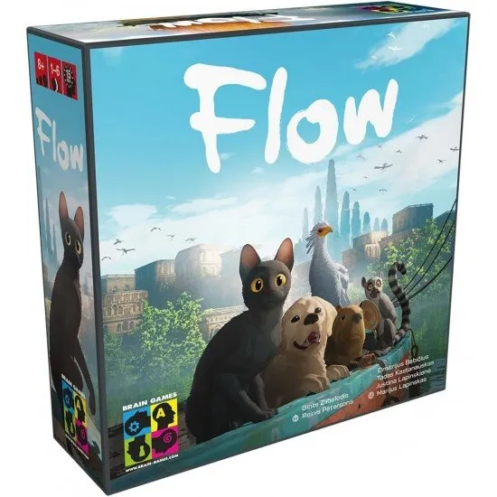 Flow board game box art showing animated animals (cat, companions) navigating water with floating tiles