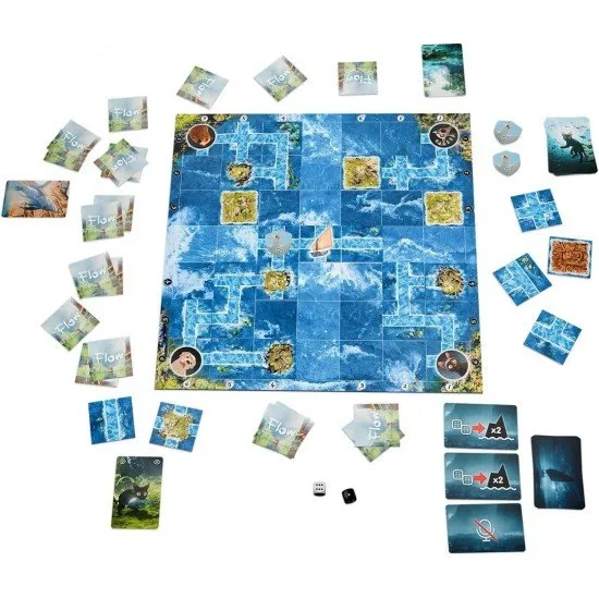 Flow board game box art showing animated animals (cat, companions) navigating water with floating tiles
