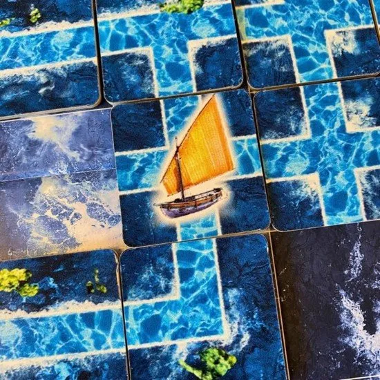 Flow board game box art showing animated animals (cat, companions) navigating water with floating tiles