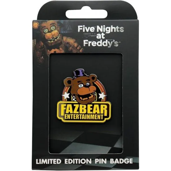 Square coloured metal pin badge featuring Freddy Fazbear and the Fazbear Entertainment company logo