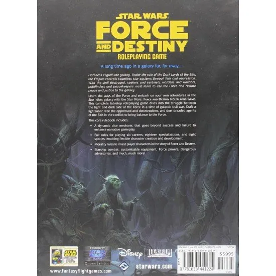 Star Wars Force and Destiny RPG The cover of the Star Wars Force and Destiny RPG: Core Rulebook, featuring a Jedi-like character with a lightsaber on a path leading through a dark, foggy forest.