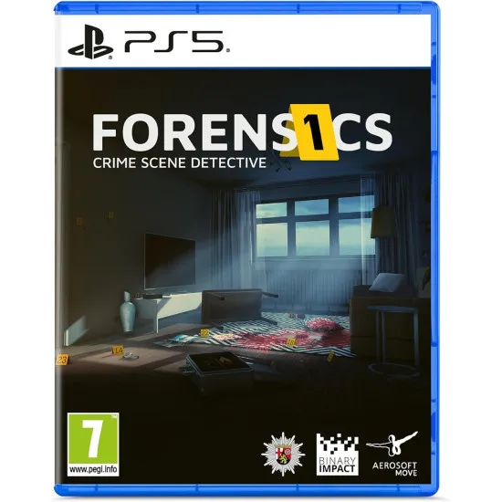 A PlayStation 5 game case showing a first-person perspective of a detective using an ultraviolet light to reveal hidden blood spatters inside a dark apartment room