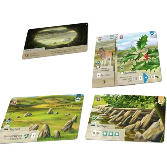 A card game expansion pack showing beautiful illustrations of unique deer, heather, and coastal birds from the Exmoor National Park