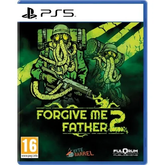 Forgive Me Father 2 PS5 box art showing the Priest facing off against grotesque Lovecraftian monsters in a comic book art style