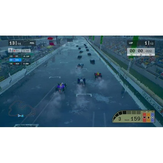 A sleek, stylised red formula racing car speeding through a sun-soaked coastal circuit with yachts in the background