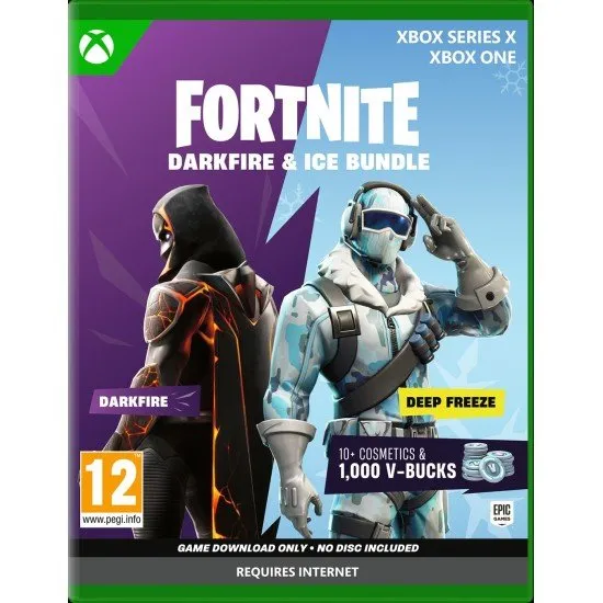 Fortnite Darkfire & Ice Bundle box art showing the Dark Power Chord and Frostbite outfits (Nintendo Switch/Switch 2/Xbox Series X cover)