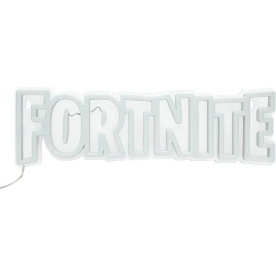 Official Fortnite logo LED neon wall light glowing blue mounted on a gaming bedroom wall