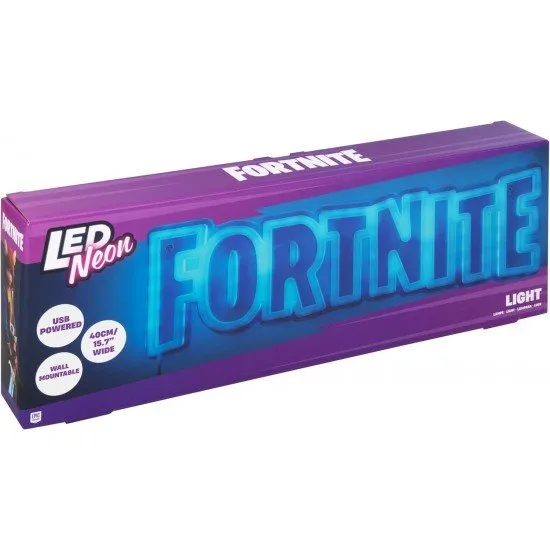 Official Fortnite logo LED neon wall light glowing blue mounted on a gaming bedroom wall
