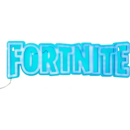 Official Fortnite logo LED neon wall light glowing blue mounted on a gaming bedroom wall