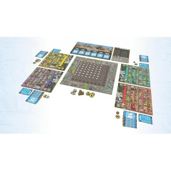 Colourful polyomino building tiles arranged on a city grid with property deed cards and prestige tokens
