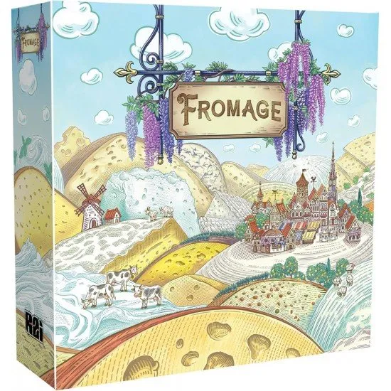 Fromage game box cover art showing various types of artisanal cheese, workers, and resources on a game board