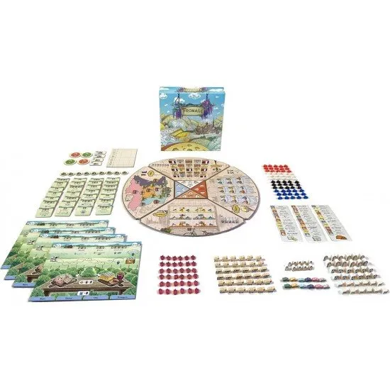 Fromage game box cover art showing various types of artisanal cheese, workers, and resources on a game board