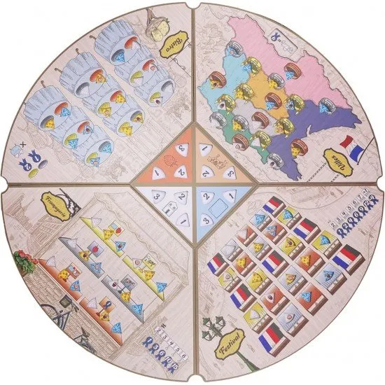 Fromage game box cover art showing various types of artisanal cheese, workers, and resources on a game board