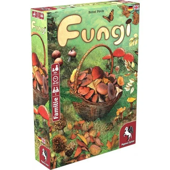 Fungi card game box art showing various colorful mushroom species in a woodland setting