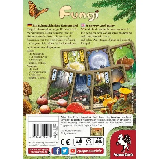 Fungi card game box art showing various colorful mushroom species in a woodland setting