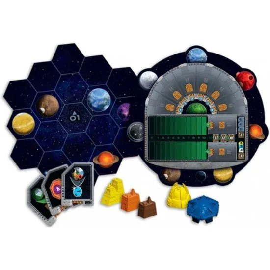 Gaia Project board game box art showing various alien factions terraforming planets in a deep space setting