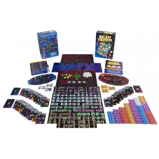 Players frantically grabbing cardboard tiles to assemble a complex spaceship on a grid-based player board