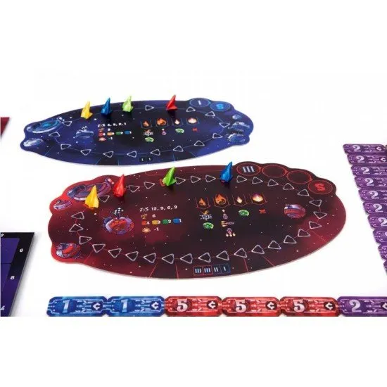 Players frantically grabbing cardboard tiles to assemble a complex spaceship on a grid-based player board