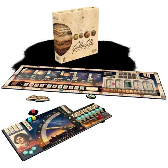 Galileo Galilei board game box art showing the astronomer with his telescope and various celestial bodies