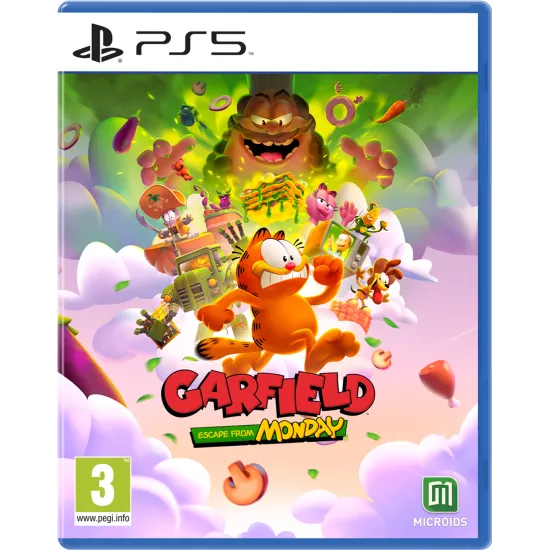 A PlayStation 5 game case depicting a panicked Garfield running away from giant rolling tomatoes and broccoli stalks inside a surreal dream world