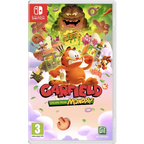 A Nintendo Switch game case featuring Garfield dressed as a cowboy swinging a lasso over a canyon filled with running candy corn characters