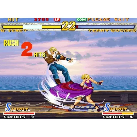 Rock Howard and Terry Bogard preparing for a high-stakes martial arts duel in a detailed urban setting