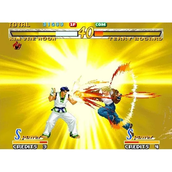 Rock Howard and Terry Bogard preparing for a high-stakes martial arts duel in a detailed urban setting