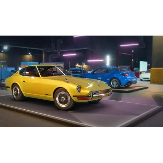 A customised Nissan sports car racing at high speed through a neon-lit Japanese city street